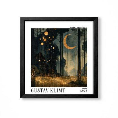 Gustav Klimt style moonlit forest square art print in black frame with crescent moon, dark trees and glowing gold lights