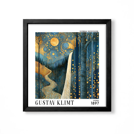 Gustav Klimt style moonlit waterfall square art print in black frame with blue forest, golden moon and swirling decorative sky