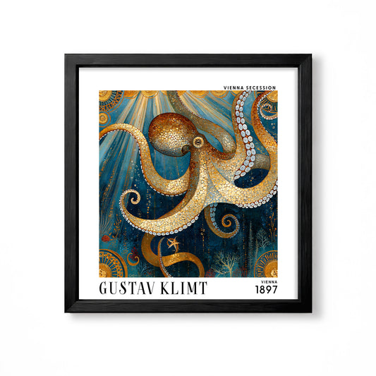 Gustav Klimt style mosaic octopus square art print in black frame with gold tentacles, deep blue sea and Art Nouveau detail