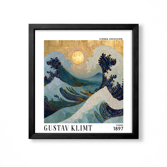 Gustav Klimt style ocean wave square art print in black frame with deep blue waves, pale foam and a glowing gold moon