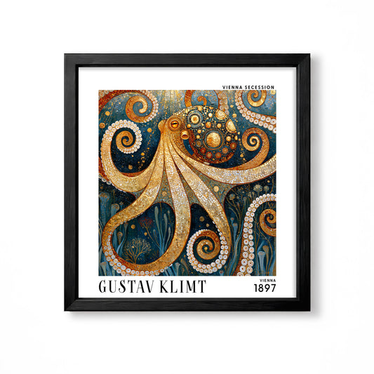 Gustav Klimt style octopus square art print in black frame with gold mosaic tentacles, deep blue sea tones and Art Nouveau detail