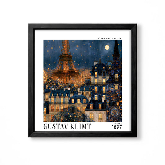 Gustav Klimt style Paris Eiffel Tower square art print in black frame with blue night sky, gold lights and Art Nouveau city detail