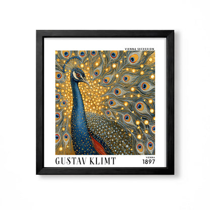 Gustav Klimt style peacock square art print in black frame with blue peacock, glowing gold feather detail and Vienna Secession ornament