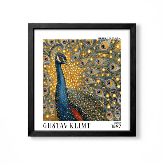 Gustav Klimt style peacock square art print in black frame with blue peacock, glowing gold feather detail and Vienna Secession ornament