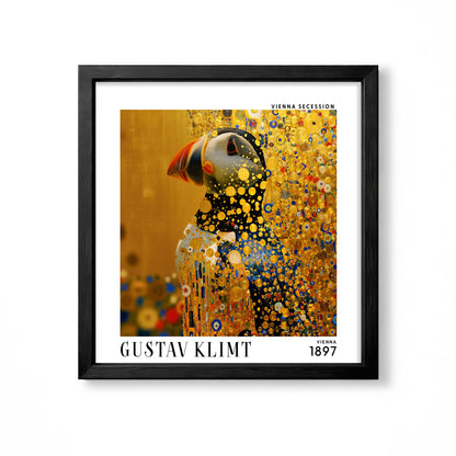 Gustav Klimt style puffin square art print in black frame with gold, blue and orange Vienna Secession decorative detail