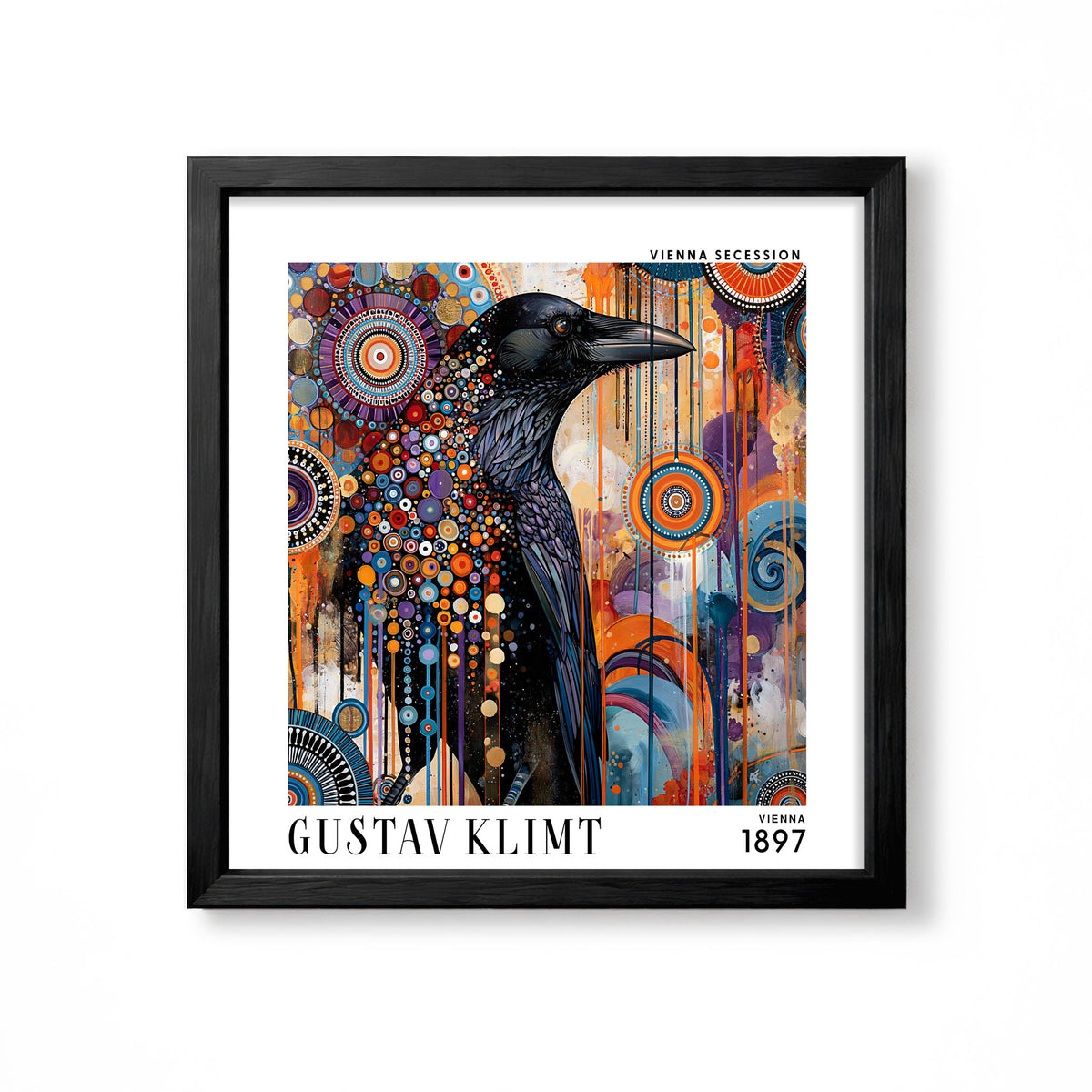 Gustav Klimt style raven square art print in black frame with black bird and colourful orange blue circular Vienna Secession detail