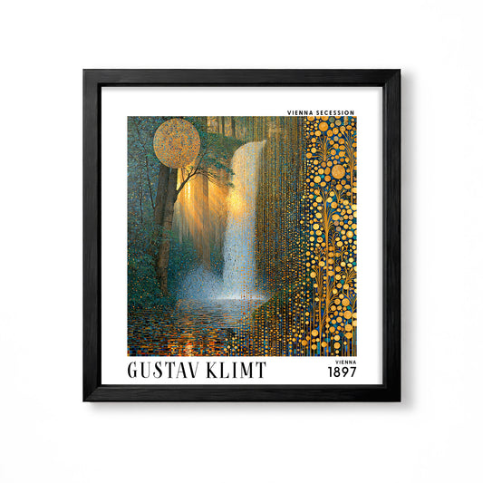 Gustav Klimt style sunlit waterfall square art print in black frame with blue green forest, golden light and ornate botanical detail
