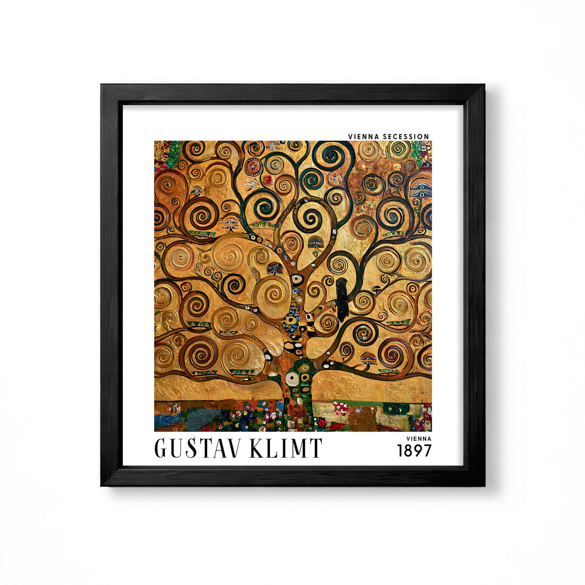 Gustav Klimt style Tree of Life square art print in black frame with gold spirals, mosaic detail and Vienna Secession design