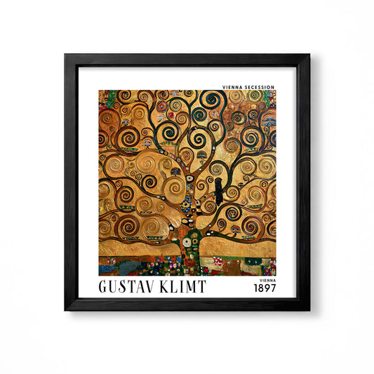 Gustav Klimt style Tree of Life square art print in black frame with gold spirals, mosaic detail and Vienna Secession design