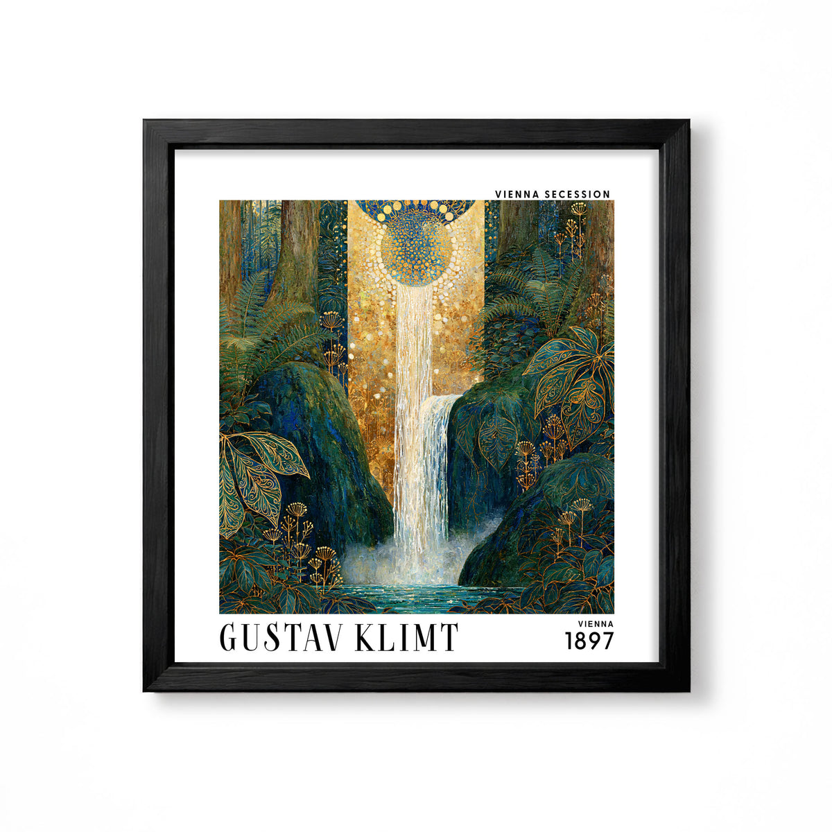Gustav Klimt style waterfall square art print in black frame with blue green botanical foliage, gold linework and luminous cascading water
