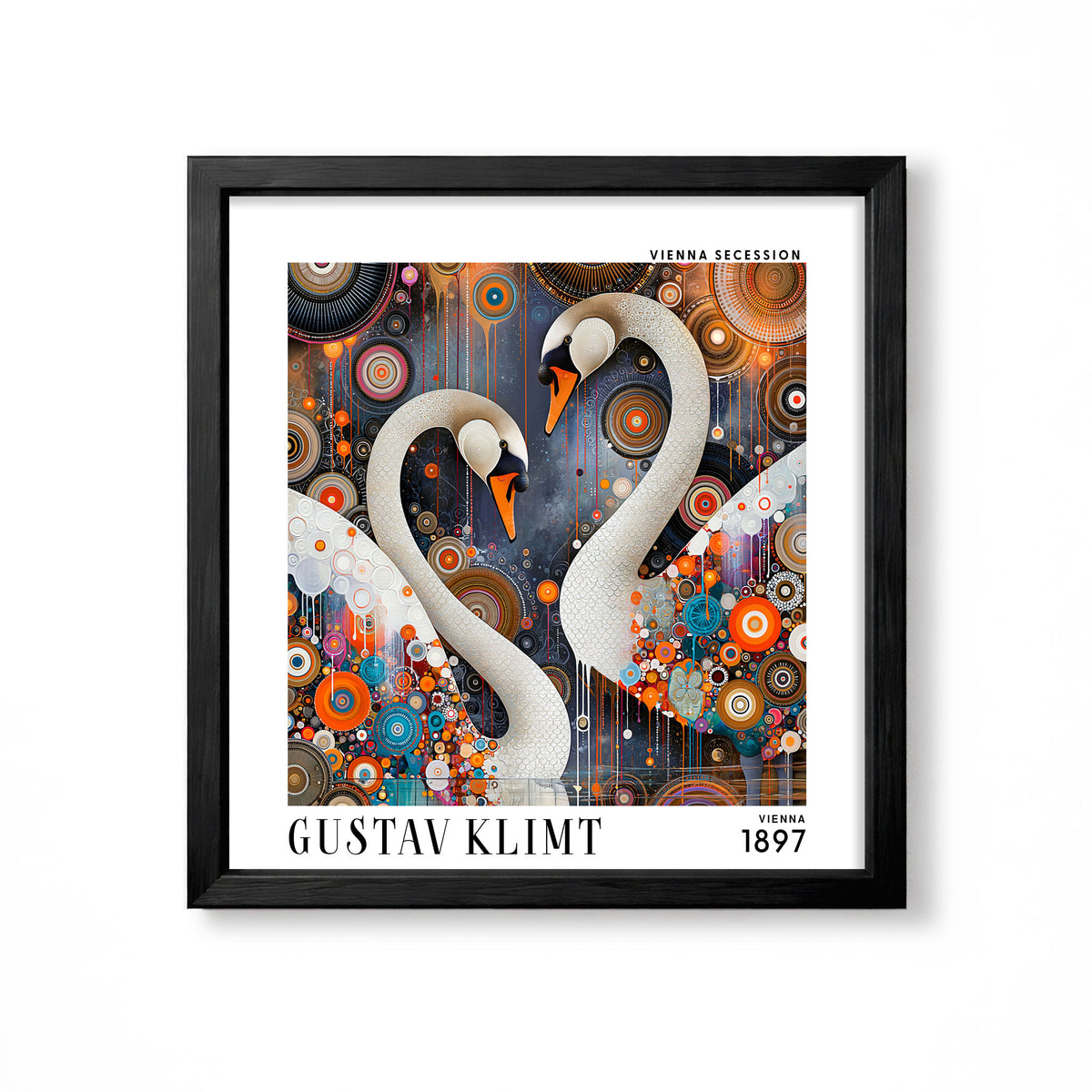 Gustav Klimt style white swans square art print in black frame with two elegant swans and colourful circular Art Nouveau ornament