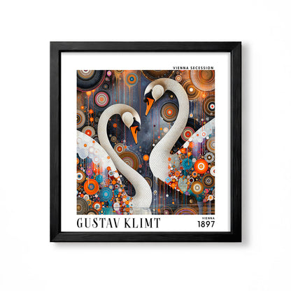 Gustav Klimt style white swans square art print in black frame with two elegant swans and colourful circular Art Nouveau ornament