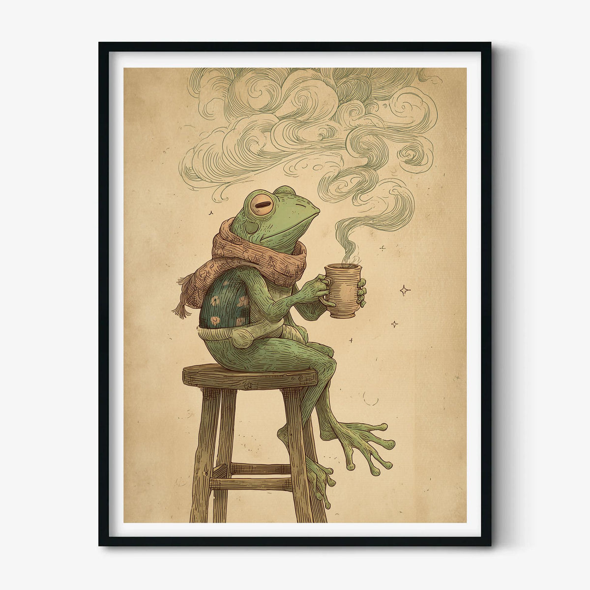 Frog Drinking Coffee Wall Art Print, Cozy Illustration with Swirling Steam and Scarf