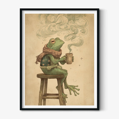 Frog Drinking Coffee Wall Art Print, Cozy Illustration with Swirling Steam and Scarf