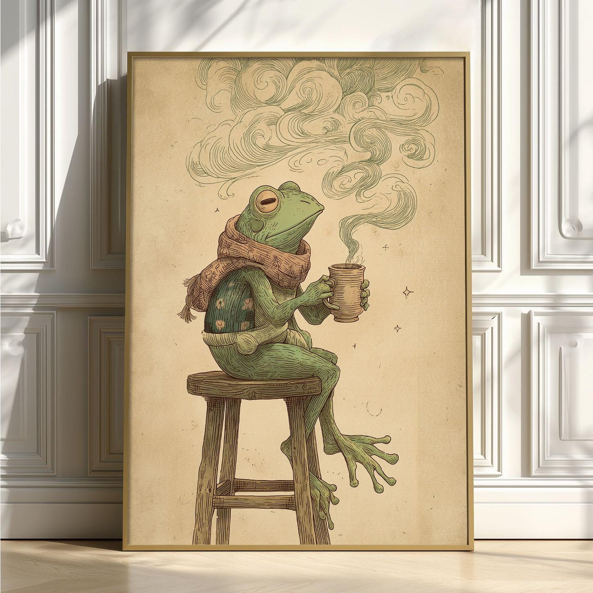 Frog Drinking Coffee Wall Art Print, Cozy Illustration with Swirling Steam and Scarf