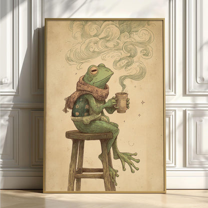 Frog Drinking Coffee Wall Art Print, Cozy Illustration with Swirling Steam and Scarf