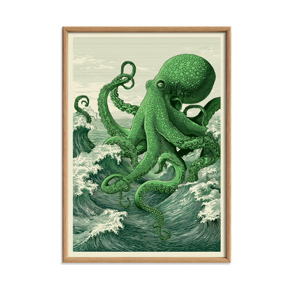 Green Octopus Art Print, Japanese Ocean illustration, Green Sea Wall Decor