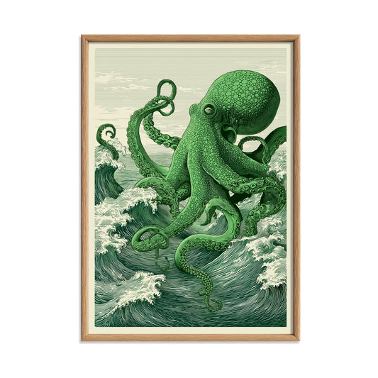 Green Octopus Art Print, Japanese Ocean illustration, Green Sea Wall Decor
