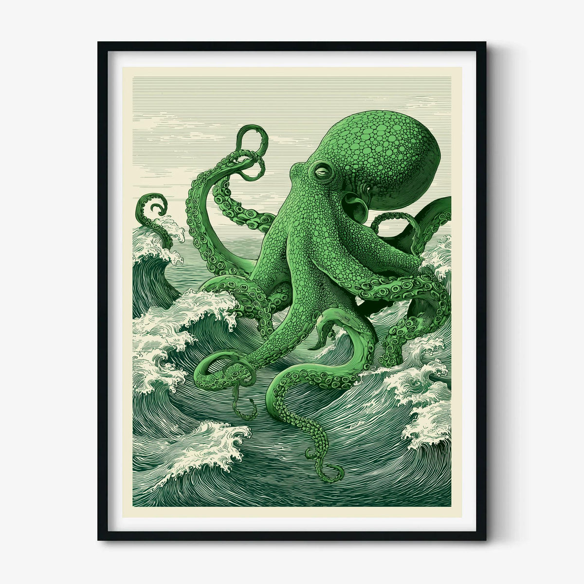 Green Octopus Art Print, Japanese Ocean illustration, Green Sea Wall Decor