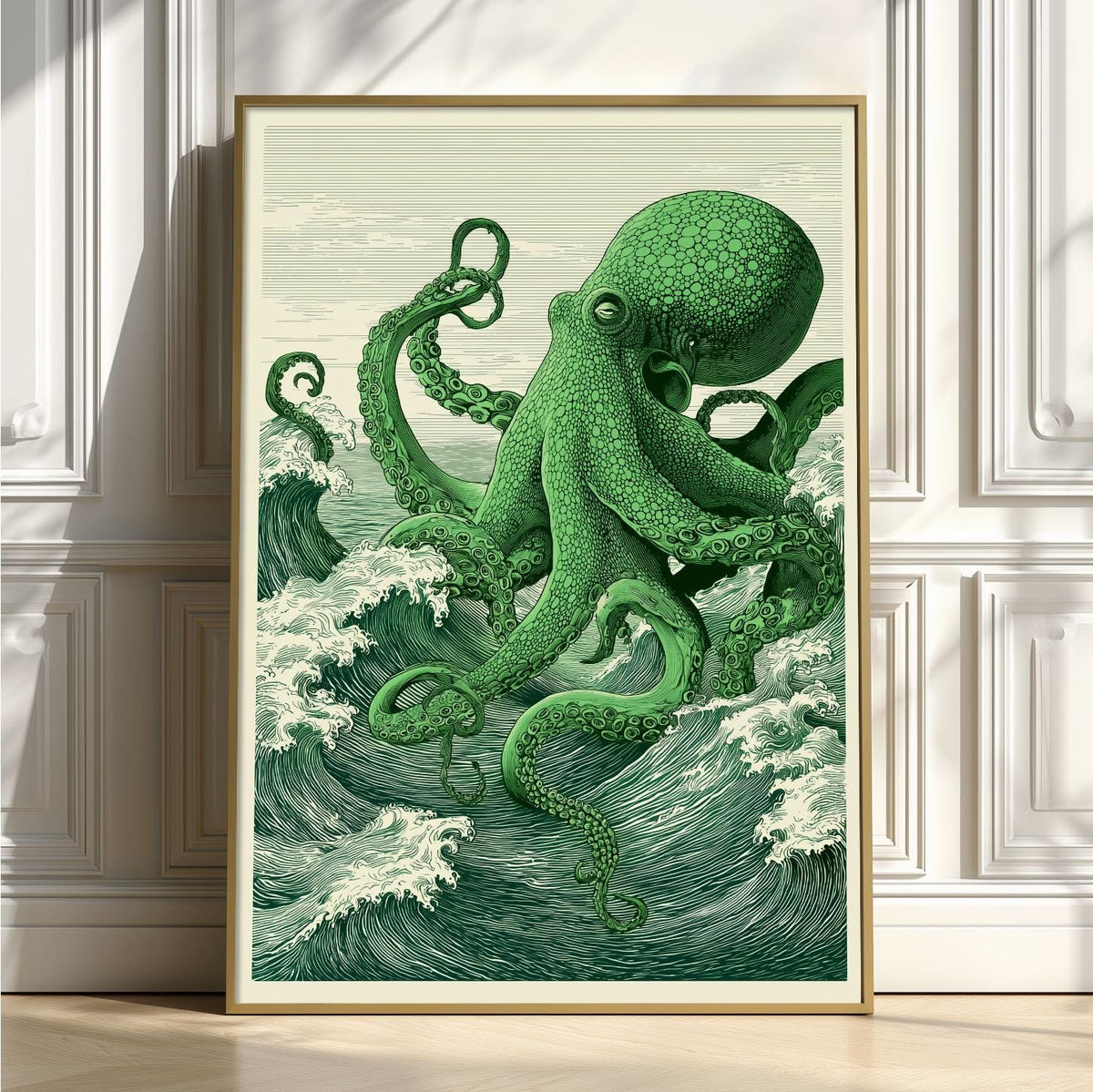 Green Octopus Art Print, Japanese Ocean illustration, Green Sea Wall Decor