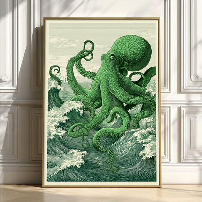 Green Octopus Art Print, Japanese Ocean illustration, Green Sea Wall Decor