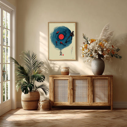 Japanese Vinyl Record Wall Art Print, Koi Fish Music Poster, Minimalist Blue Decor