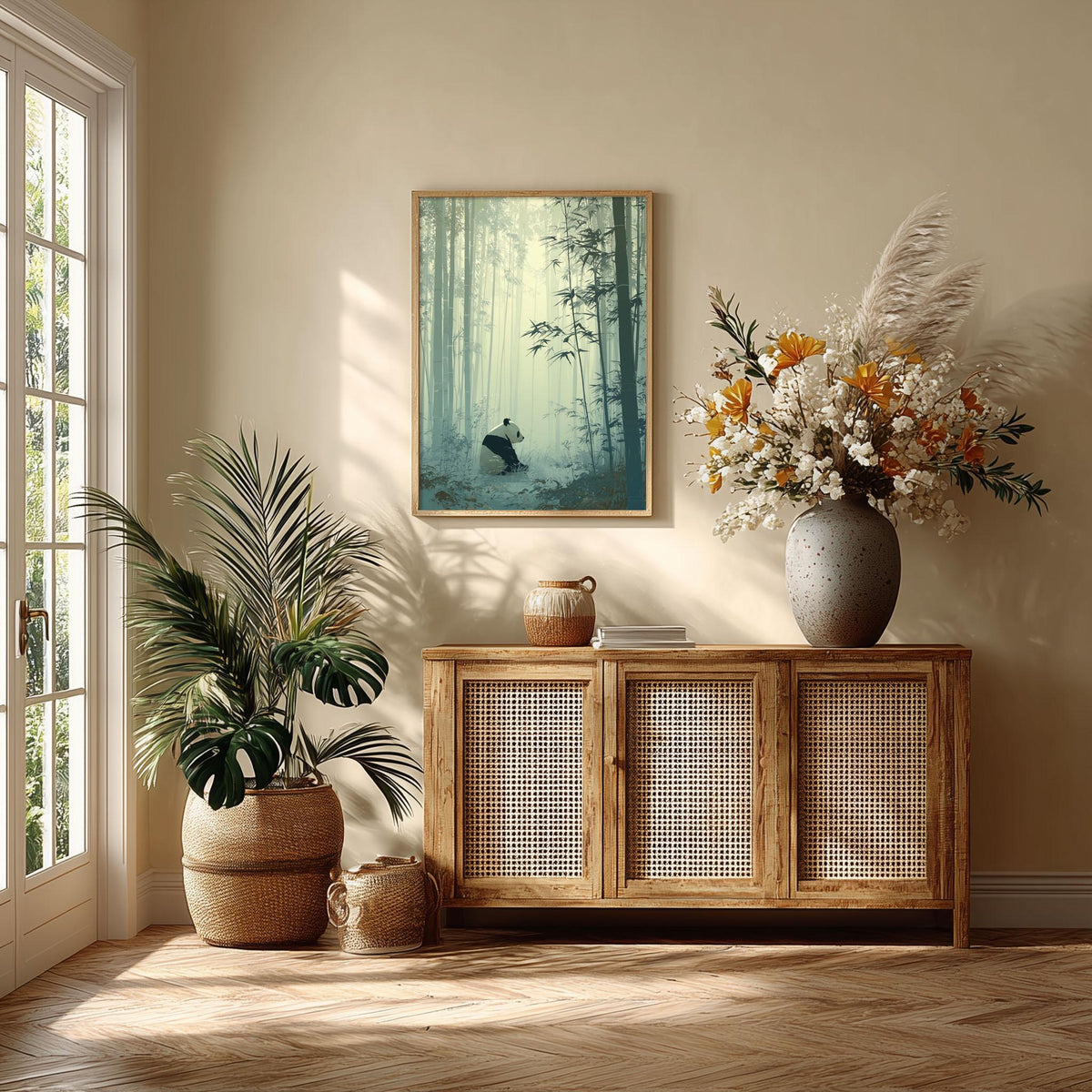 Panda Bamboo Forest Wall Art Print, Asian Nature Poster, Tranquil Green Nursery Decor