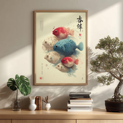 Japanese Pufferfish Wall Art Print, Colourful Fish Poster, Coastal Bathroom Decor, Ocean Nursery