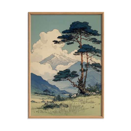 Japanese Mountain Landscape Wall Art Print, Vintage Pine Tree Poster, Scenic Nature Decor