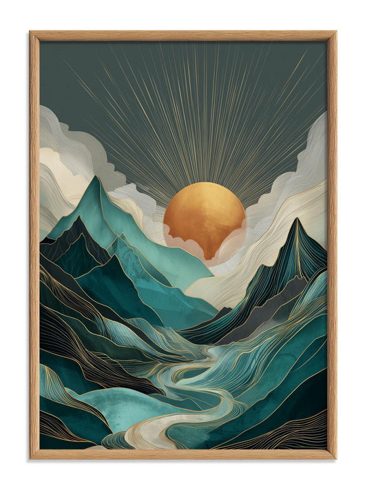 Teal Mountain Sunrise Wall Art Print, Abstract Landscape Poster, Gold Sun River Decor