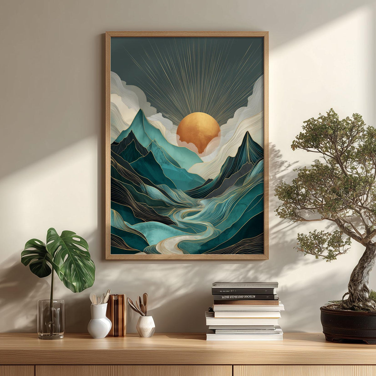 Teal Mountain Sunrise Wall Art Print, Abstract Landscape Poster, Gold Sun River Decor