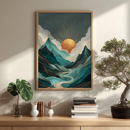 Teal Mountain Sunrise Wall Art Print, Abstract Landscape Poster, Gold Sun River Decor