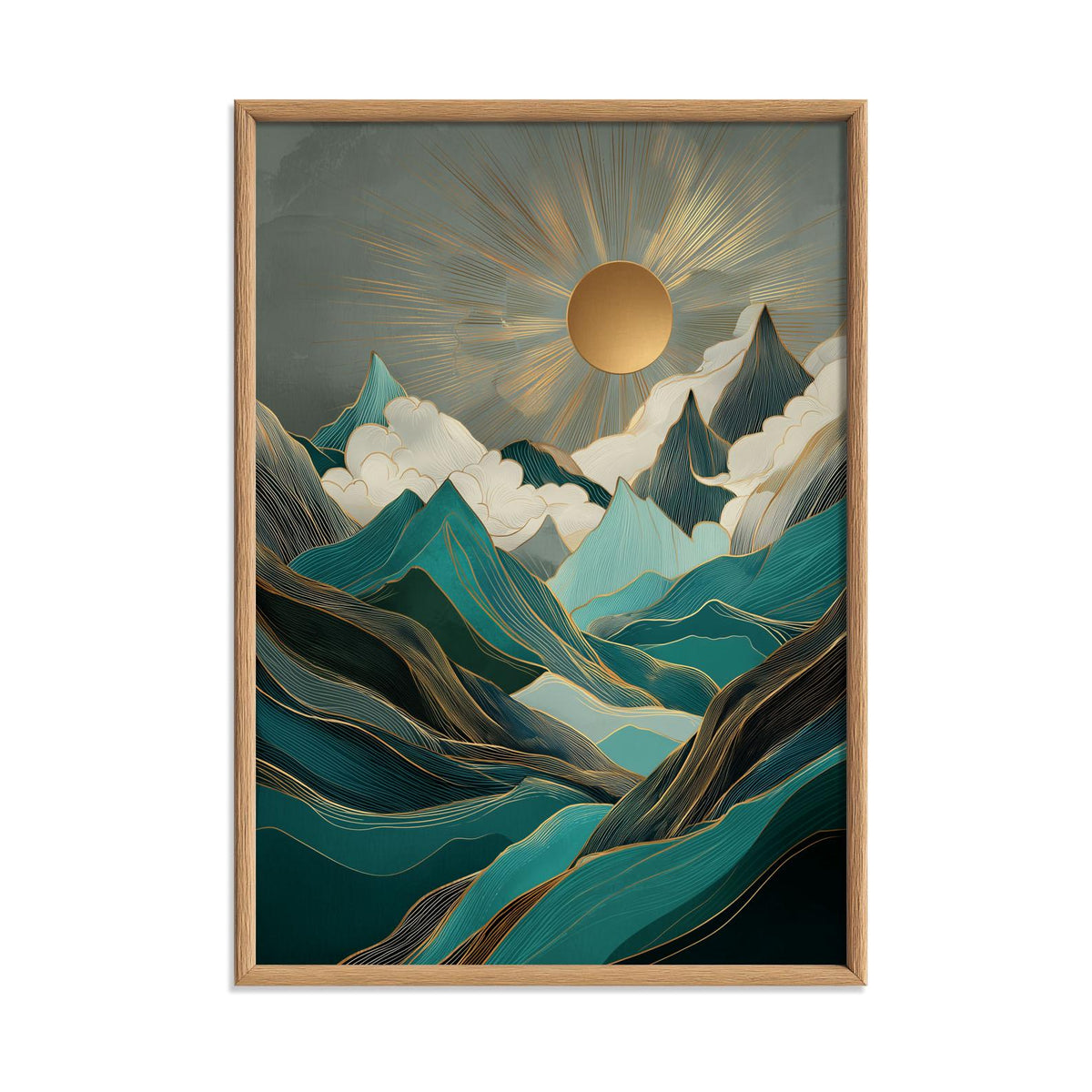 Teal Mountain Sunrise Wall Art Print, Abstract Landscape Poster, Gold Sun Cloud Decor