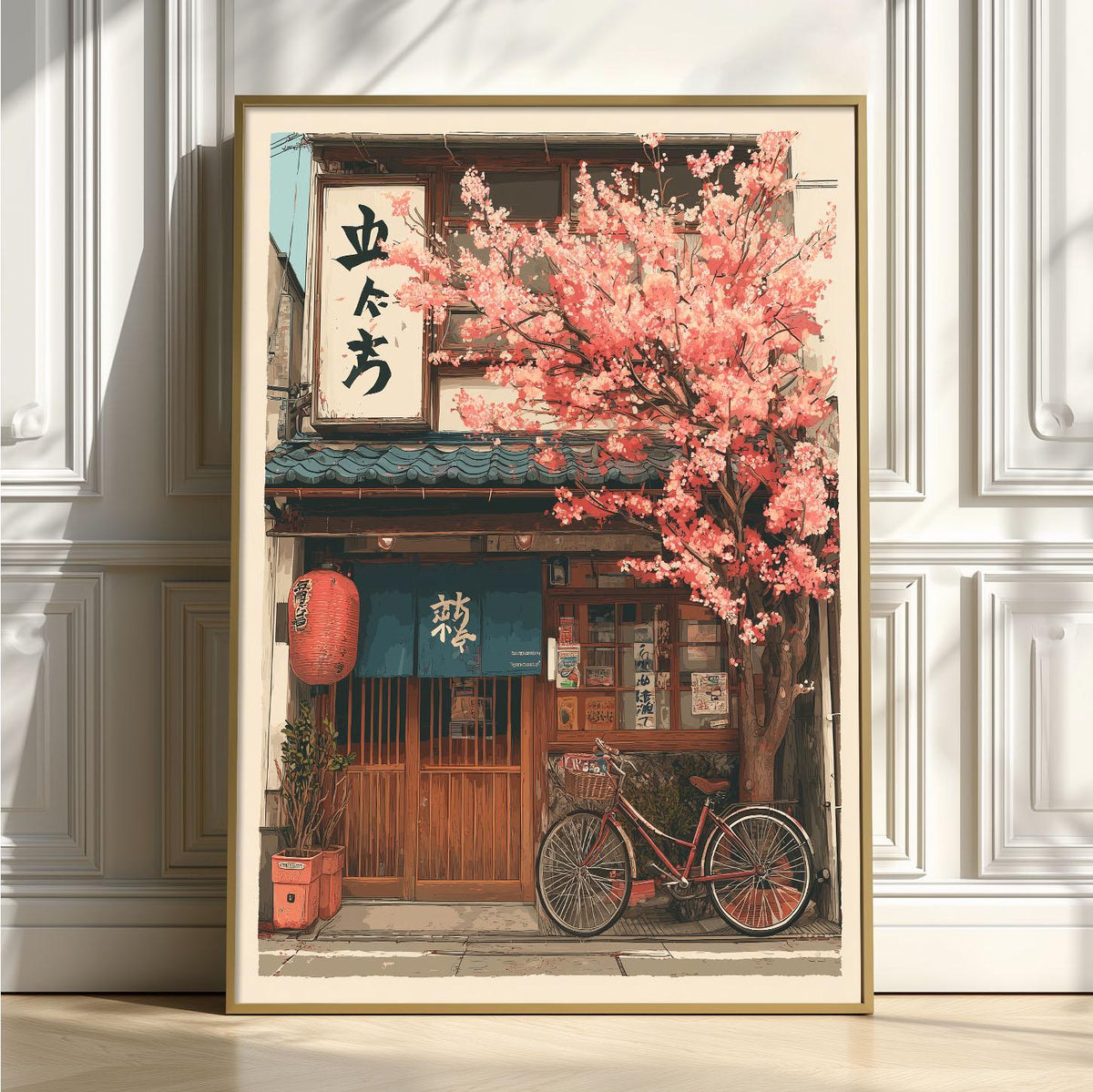 Japanese Izakaya Cherry Blossom Wall Art Print, Tokyo Street Poster, Bicycle Cafe Decor