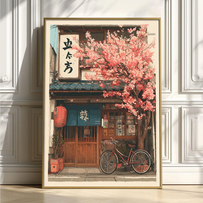 Japanese Izakaya Cherry Blossom Wall Art Print, Tokyo Street Poster, Bicycle Cafe Decor