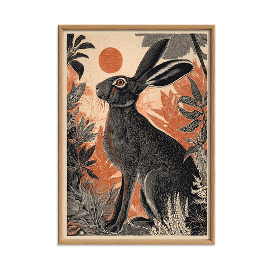 Black Hare Wall Art Print, Orange Linocut Poster, Woodland Rabbit Botanical Vintage Decor