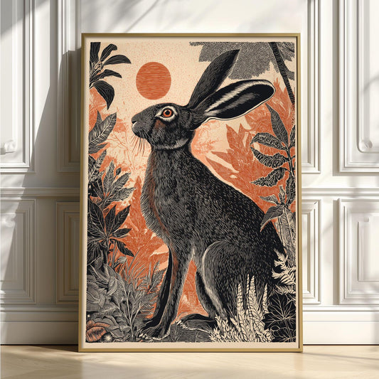 Black Hare Wall Art Print, Orange Linocut Poster, Woodland Rabbit Botanical Vintage Decor