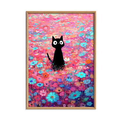 Black Cat Flower Meadow Wall Art Print, Colourful Floral Cat Poster, Cute Nursery Decor
