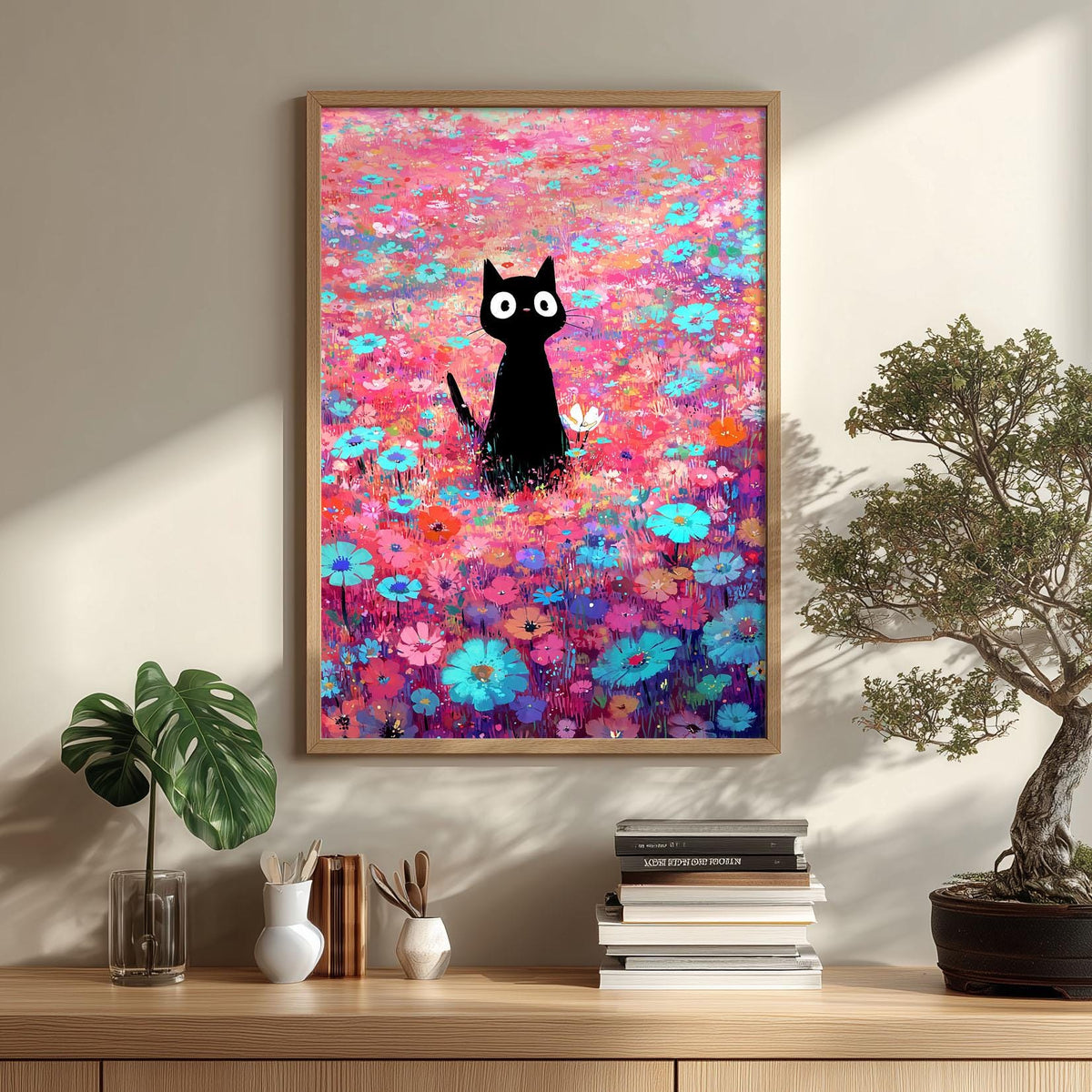 Black Cat Flower Meadow Wall Art Print, Colourful Floral Cat Poster, Cute Nursery Decor