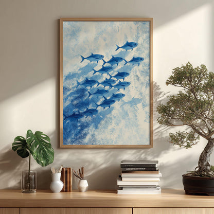 Blue School Of Fish Wall Art Print, Coastal Ocean Poster, Nautical Bathroom Decor