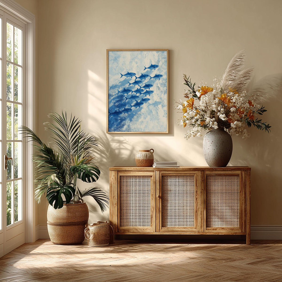 Blue School Of Fish Wall Art Print, Coastal Ocean Poster, Nautical Bathroom Decor
