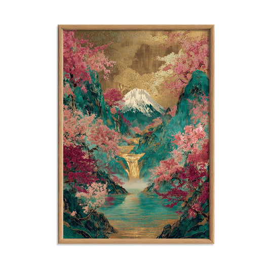 Mount Fuji Cherry Blossom Wall Art Print, Japanese Landscape Poster, Teal Gold Sakura Decor