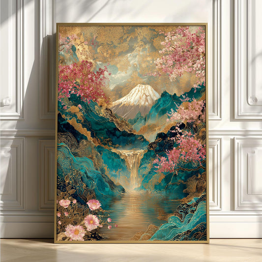 Mount Fuji Cherry Blossom Wall Art Print, Japanese Landscape Poster, Teal Gold Sakura Decor