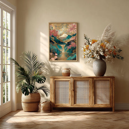 Mount Fuji Cherry Blossom Wall Art Print, Japanese Landscape Poster, Teal Gold Sakura Decor