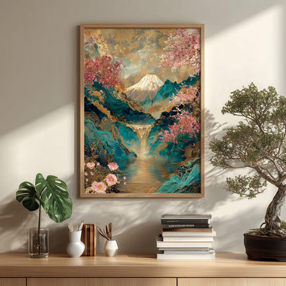 Mount Fuji Cherry Blossom Wall Art Print, Japanese Landscape Poster, Teal Gold Sakura Decor