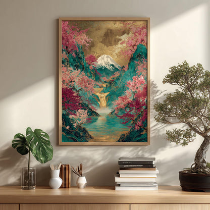 Mount Fuji Cherry Blossom Wall Art Print, Japanese Landscape Poster, Teal Gold Waterfall Decor
