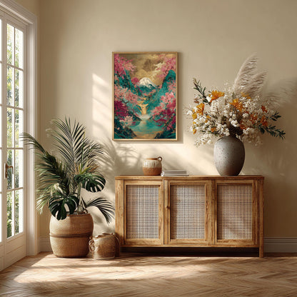 Mount Fuji Cherry Blossom Wall Art Print, Japanese Landscape Poster, Teal Gold Waterfall Decor