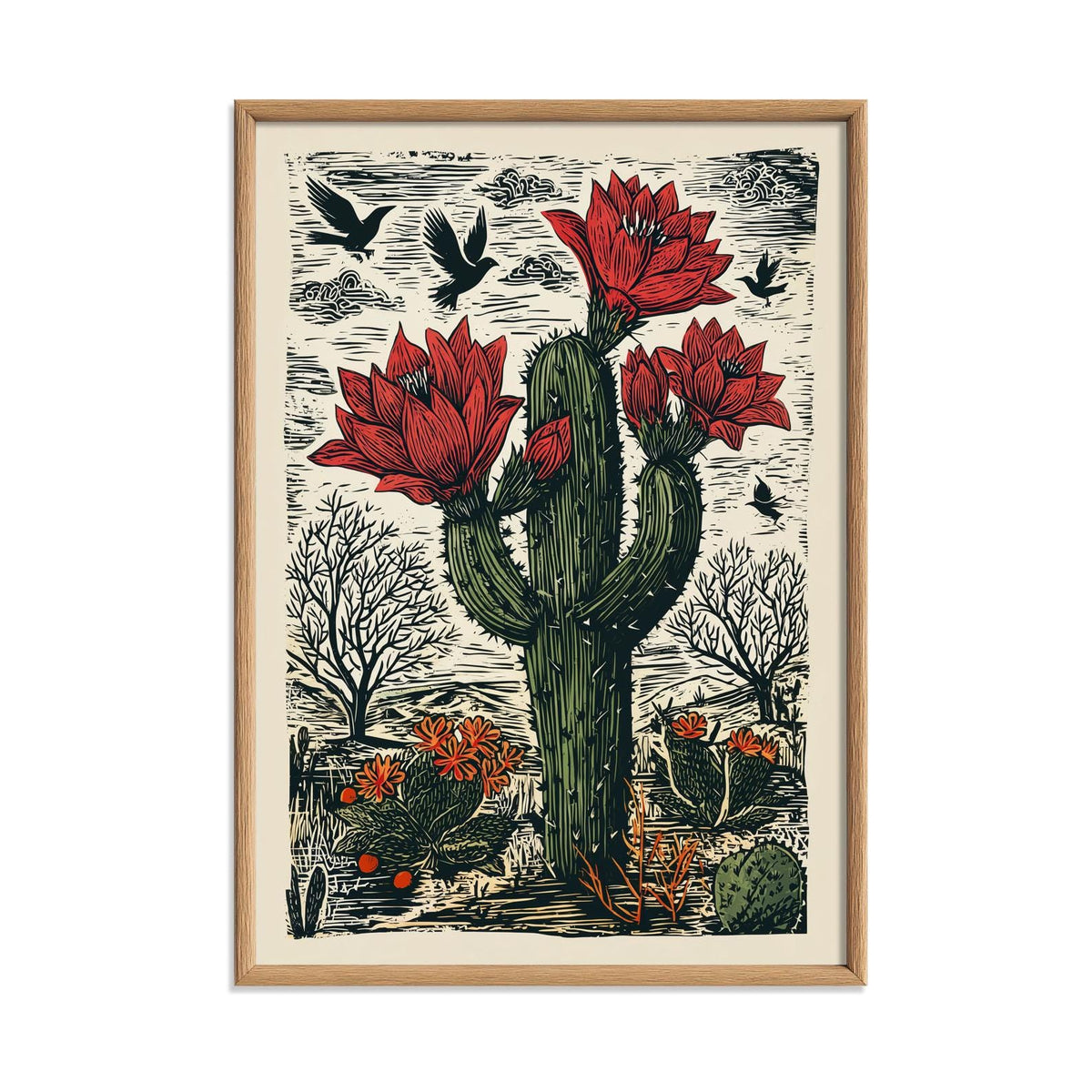 Red Flowering Cactus Wall Art Print, Desert Botanical Poster, Southwestern Linocut Decor