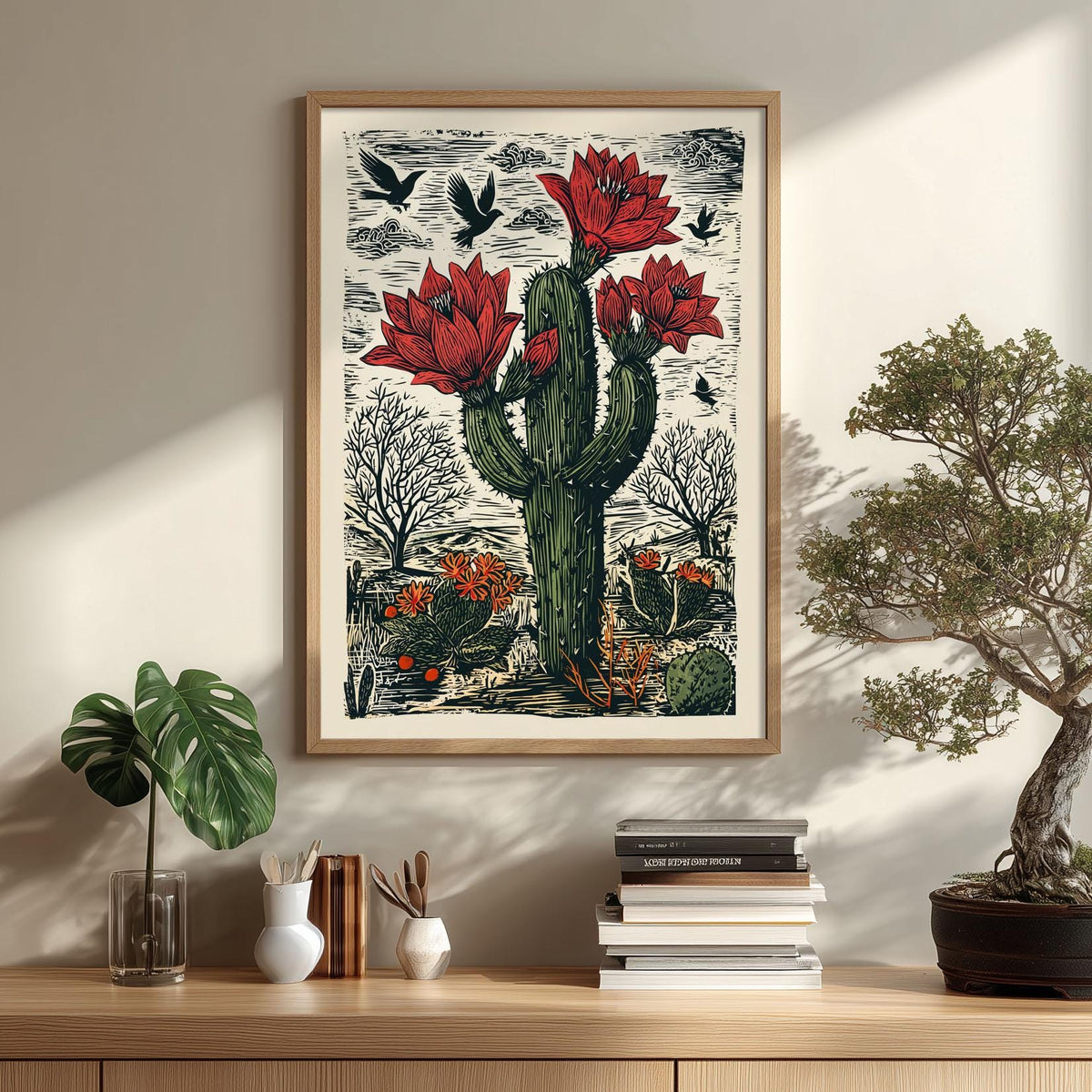 Red Flowering Cactus Wall Art Print, Desert Botanical Poster, Southwestern Linocut Decor