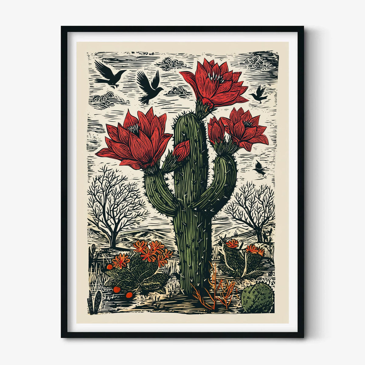 Red Flowering Cactus Wall Art Print, Desert Botanical Poster, Southwestern Linocut Decor